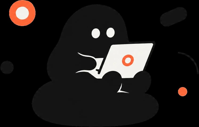 The mascot typing on a laptop